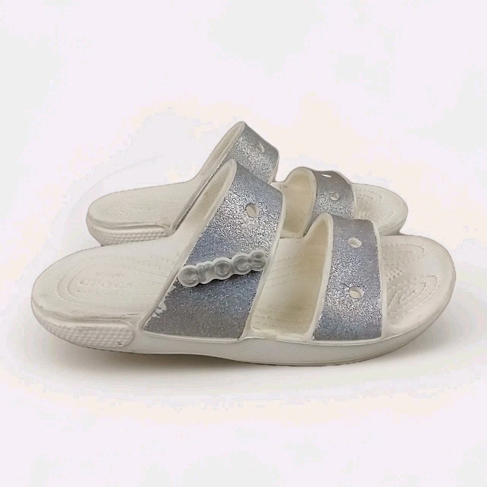 Crocs Classic Sandal Silver Glitter White Two Strap Slide Mens 4 Womens 6